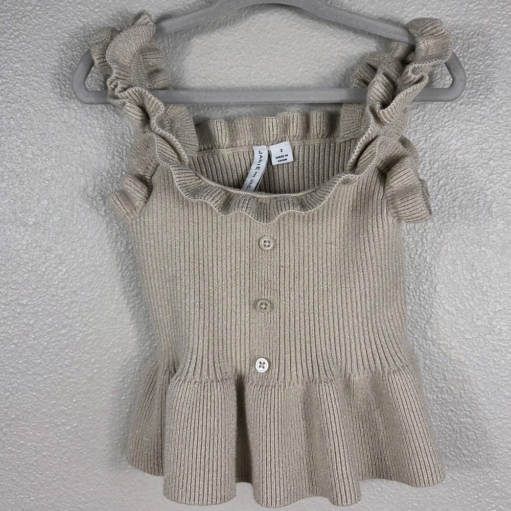 Janie and Jack Girls Metallic Knit Ruffle Tank Top Size 3 Gold Shimmer Peplum‎